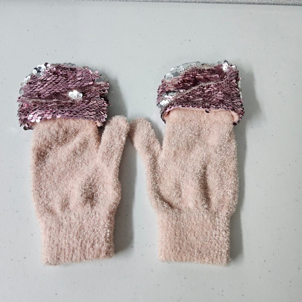 Justice Convertible Mitten Gloves Kids One Size Pink Reversible Flip Sequin Fuzz
